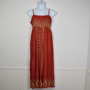 World Market Boho Maxi Dress Sz M Smocked Tiered Flowy Southwestern Tribal Aztec